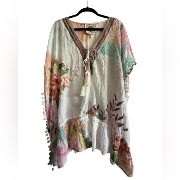 Z&L Bohemian Floral V-Neck Pom Pom Tunic Top/beach Cover Up 100% Cotton - Picture 2 of 16